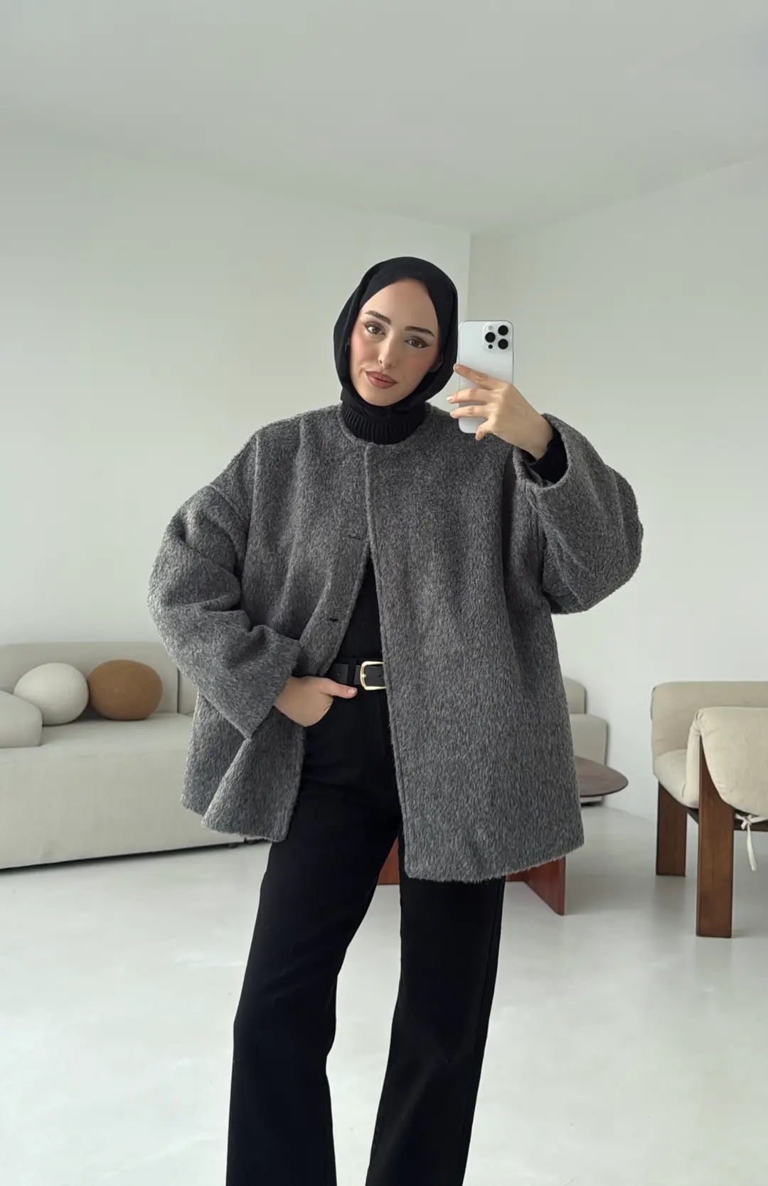 Gizli Düğmeli Kaban Gri - Görsel 4