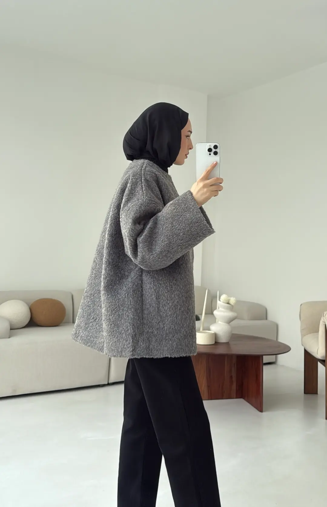 Gizli Düğmeli Kaban Gri - Görsel 5