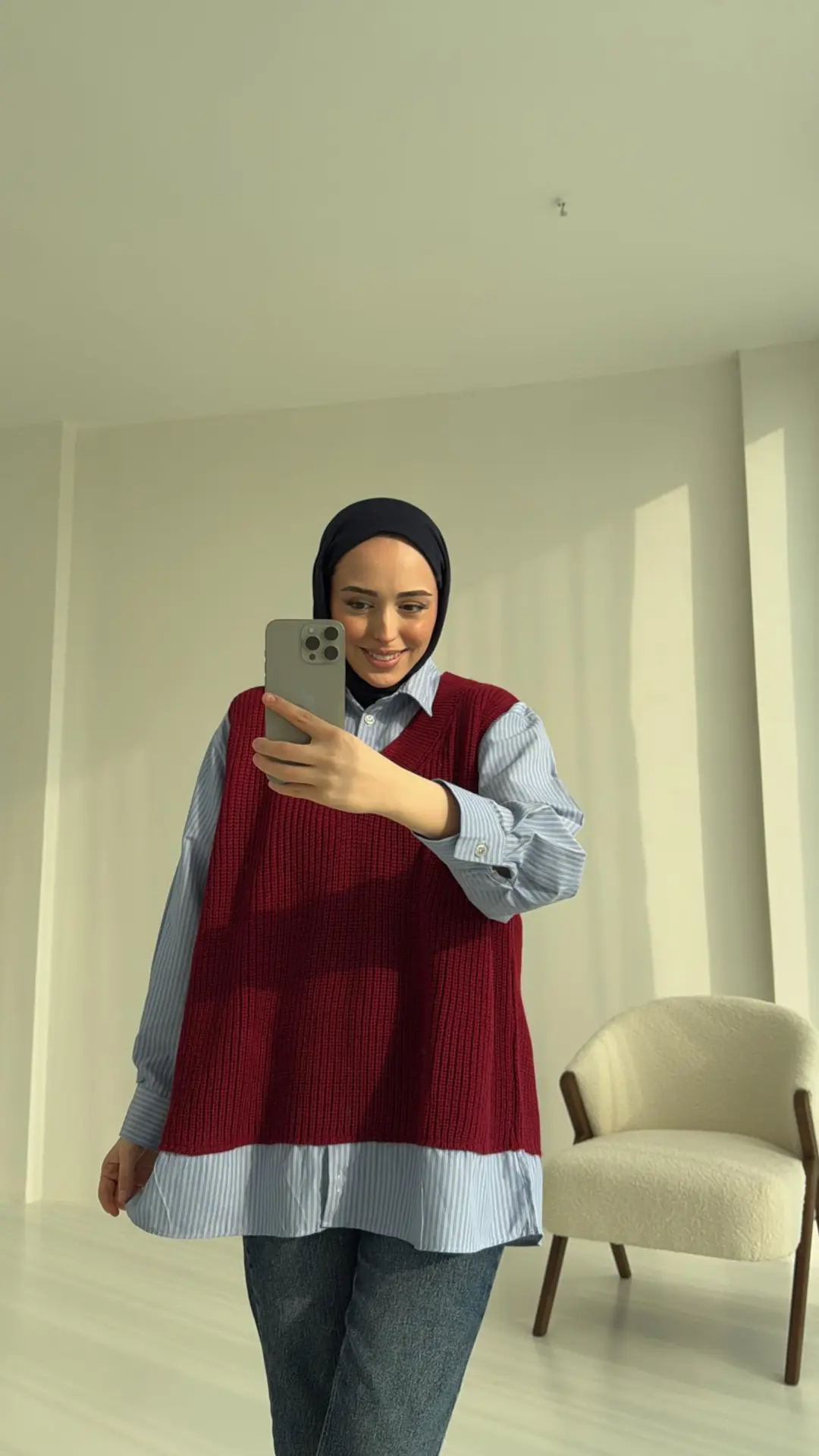 Gömlek Detaylı Triko Bordo - Görsel 4