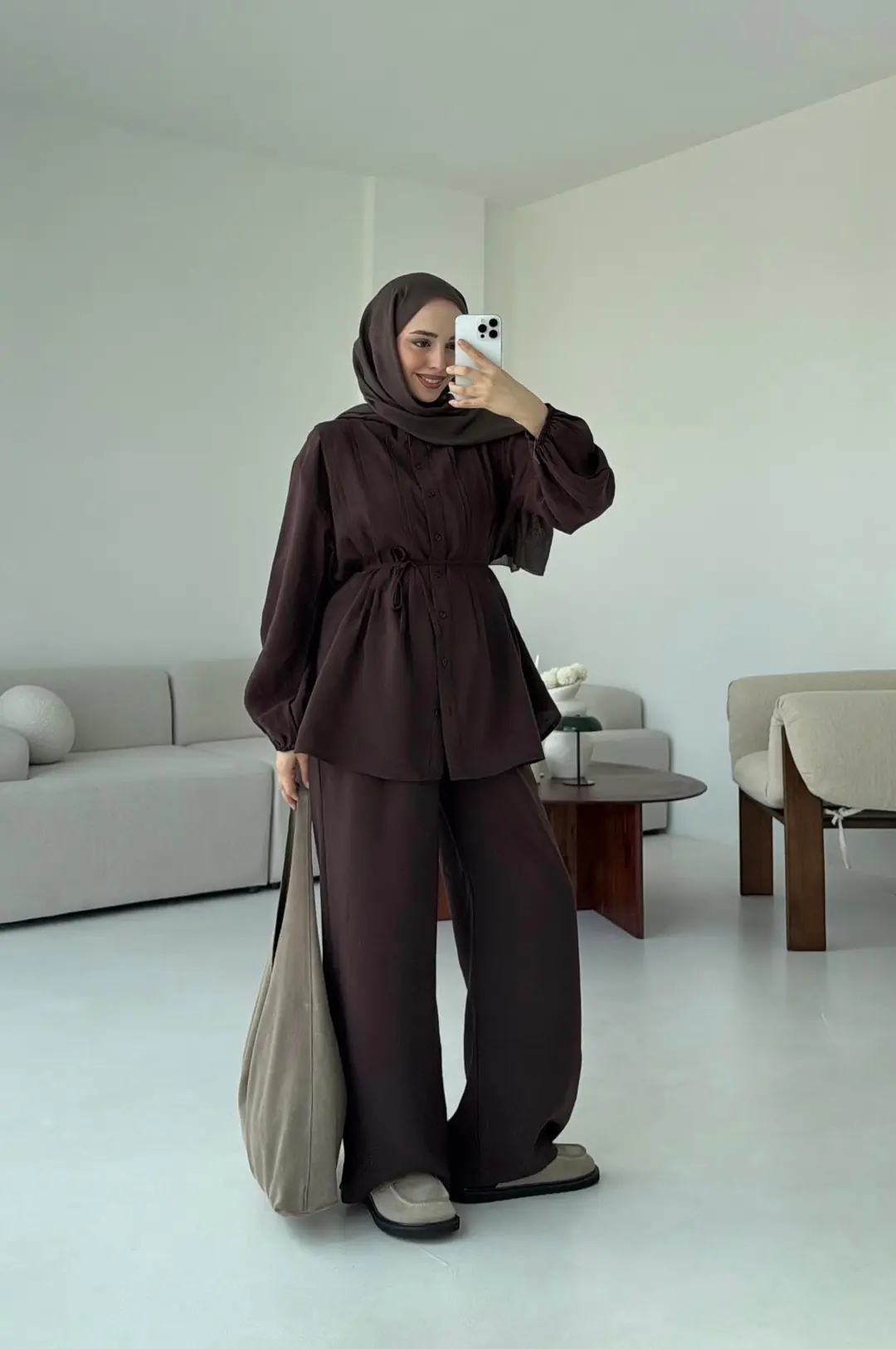 Gömlekli Nervürlü Takım Kahve