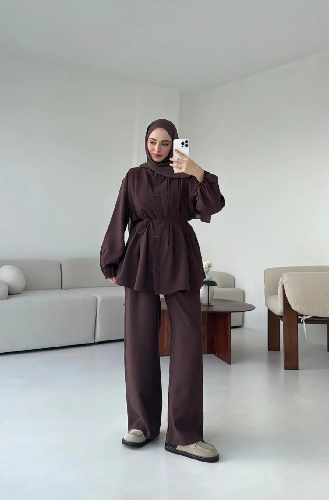 Gömlekli Nervürlü Takım Kahve - Görsel 2