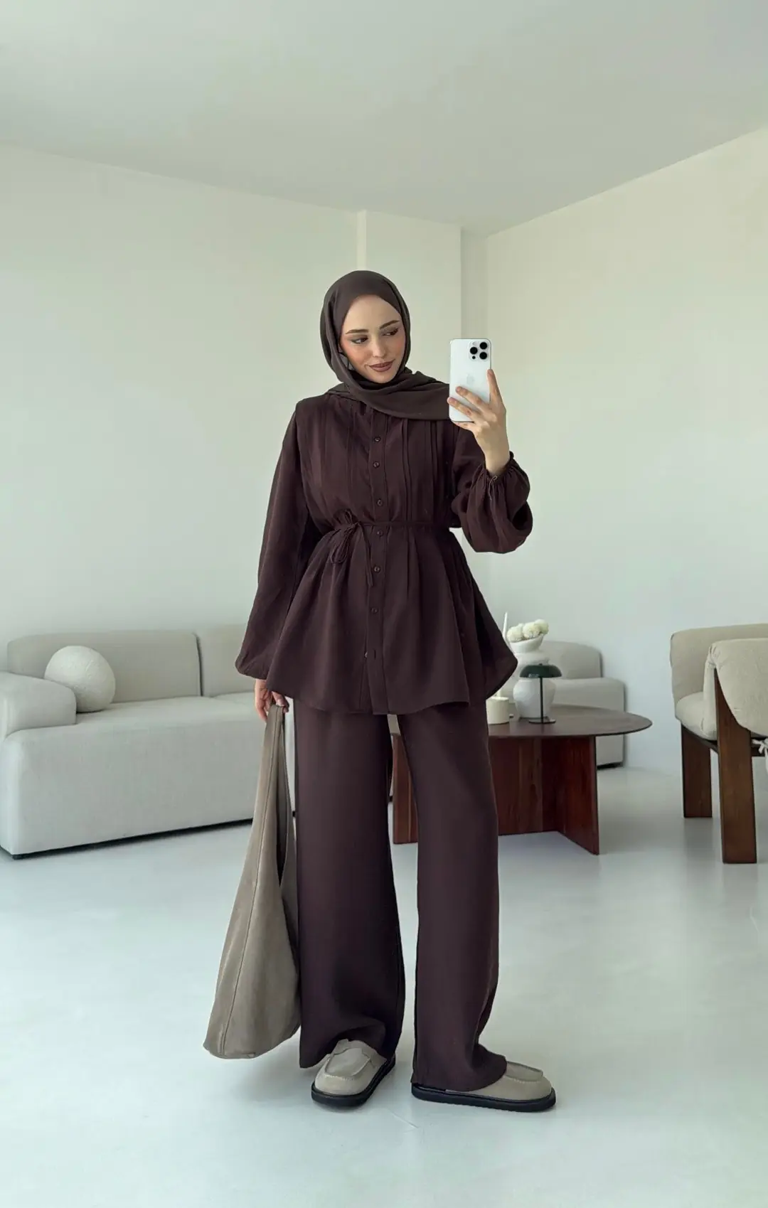 Gömlekli Nervürlü Takım Kahve - Görsel 3