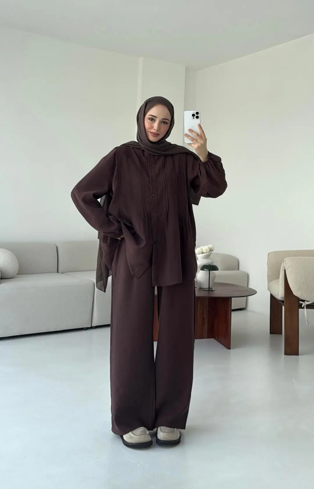 Gömlekli Nervürlü Takım Kahve - Görsel 4