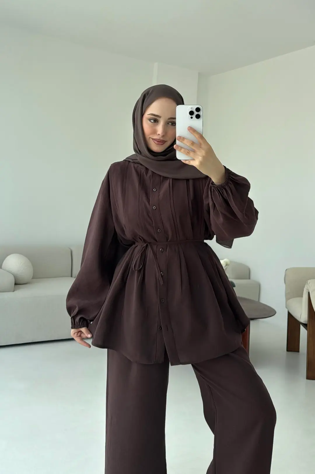 Gömlekli Nervürlü Takım Kahve - Görsel 5