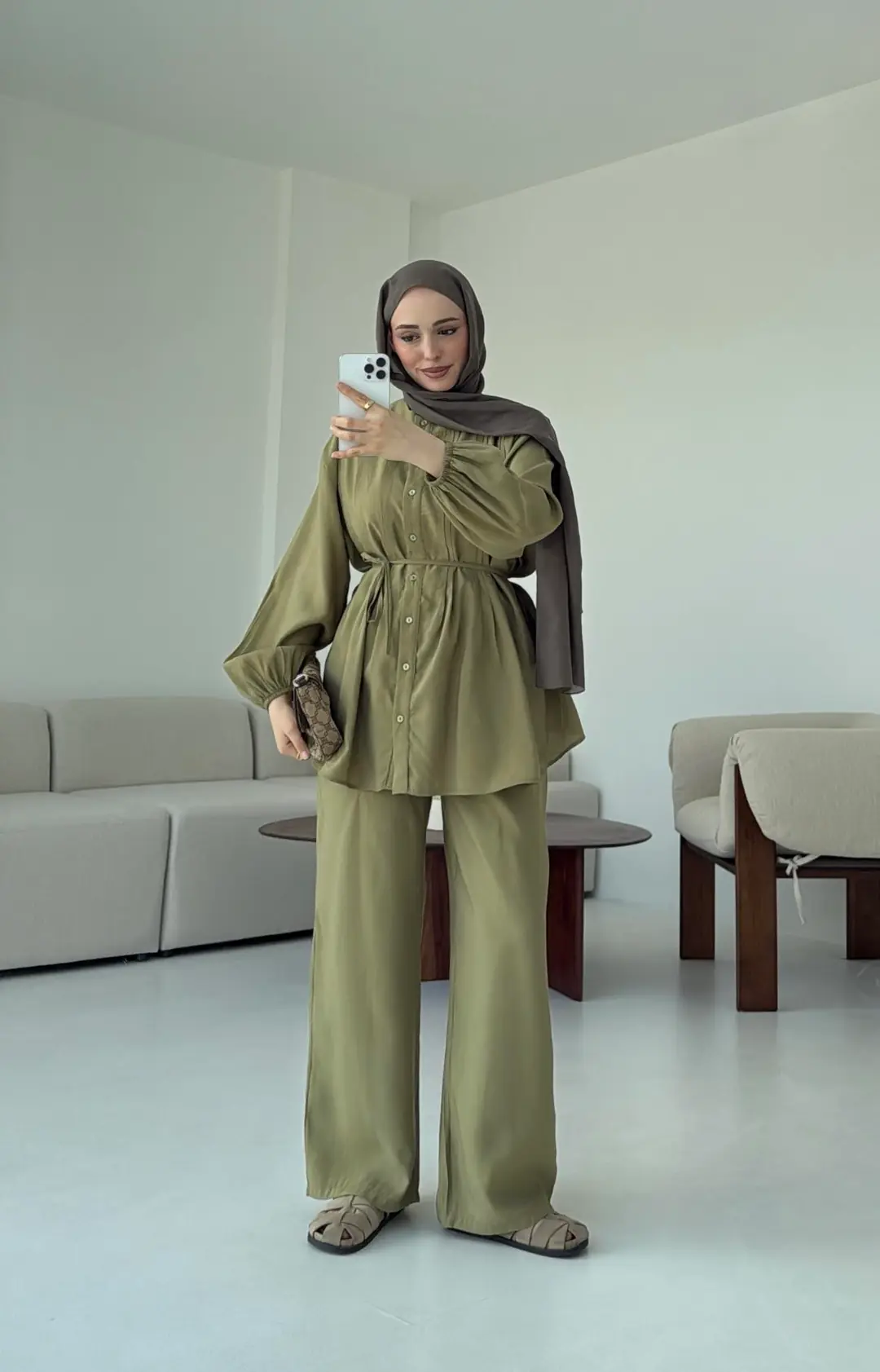 Gömlekli Nervürlü Takım Olive - Görsel 2