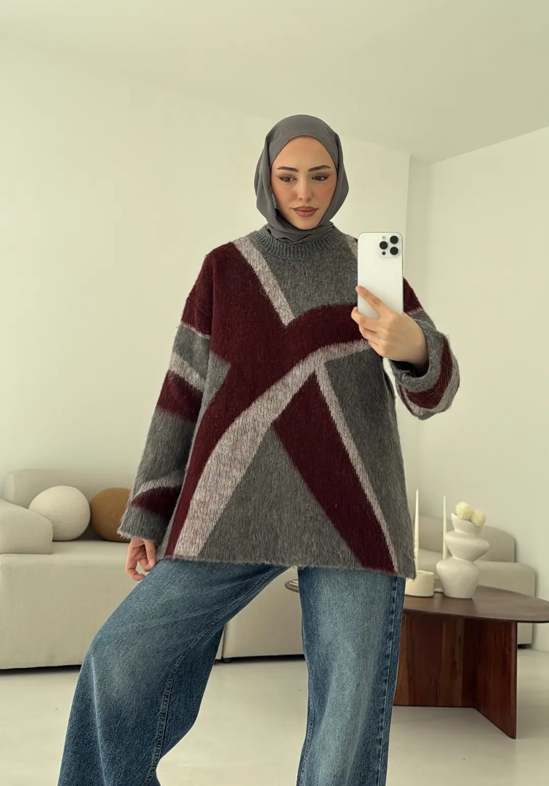 Gri Bordo Geçişli Kalın kazak - Görsel 2