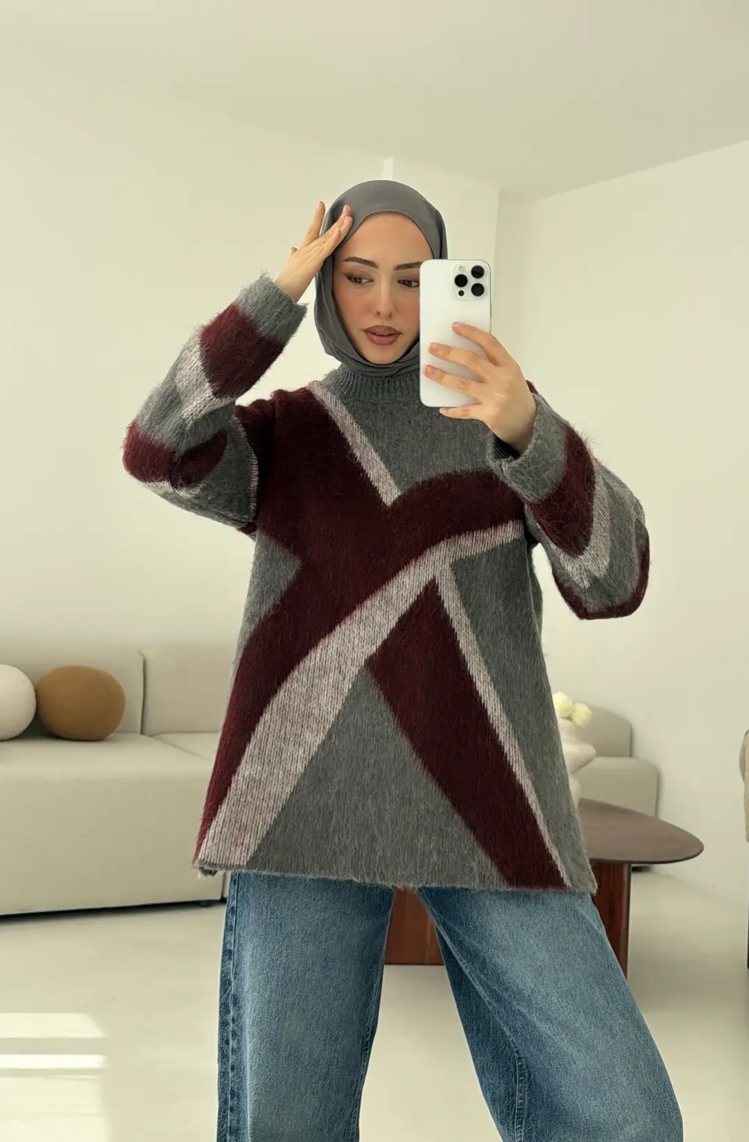 Gri Bordo Geçişli Kalın kazak - Görsel 4
