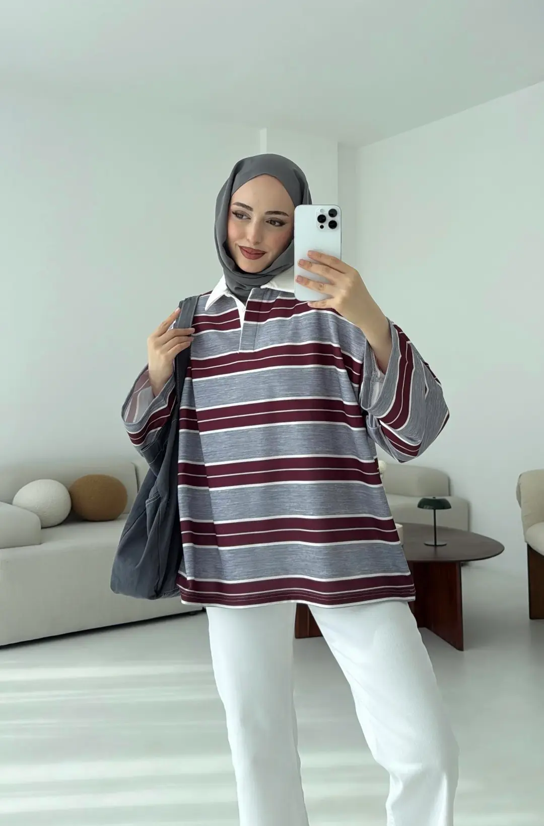 Gri Çizgili Polo Yaka Sweatshrt - Görsel 3