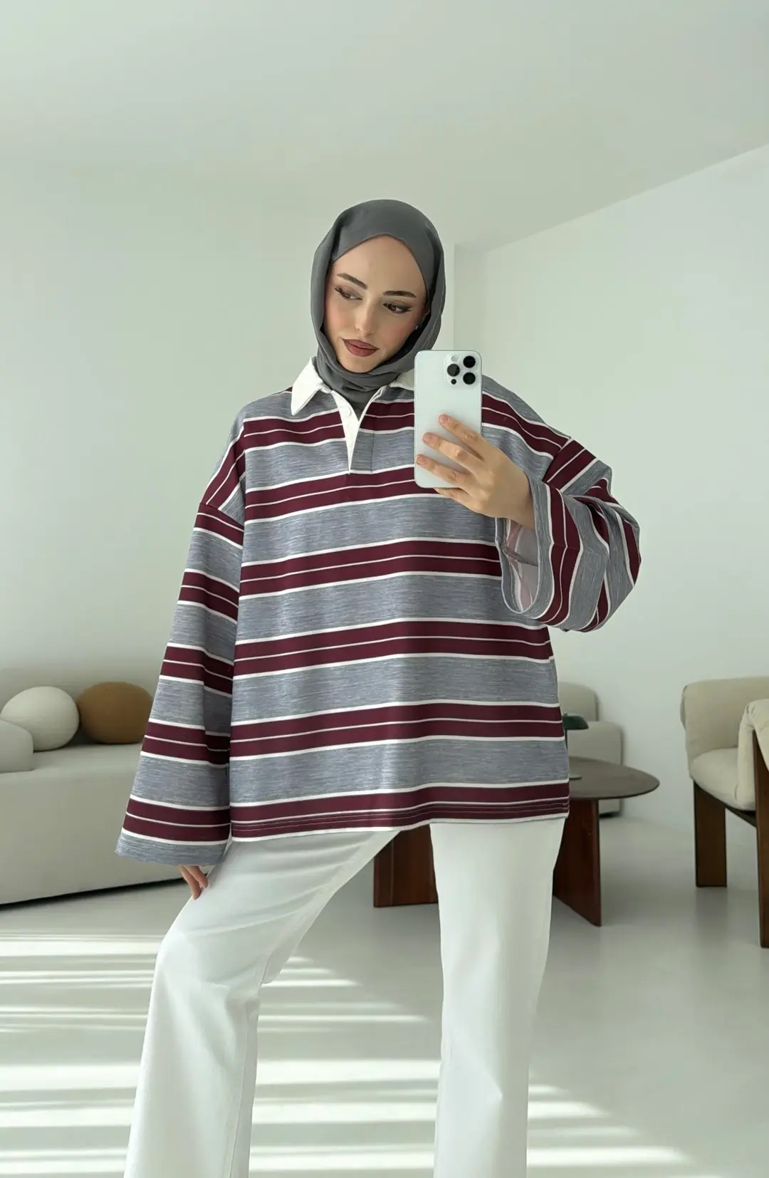 Gri Çizgili Polo Yaka Sweatshrt - Görsel 5