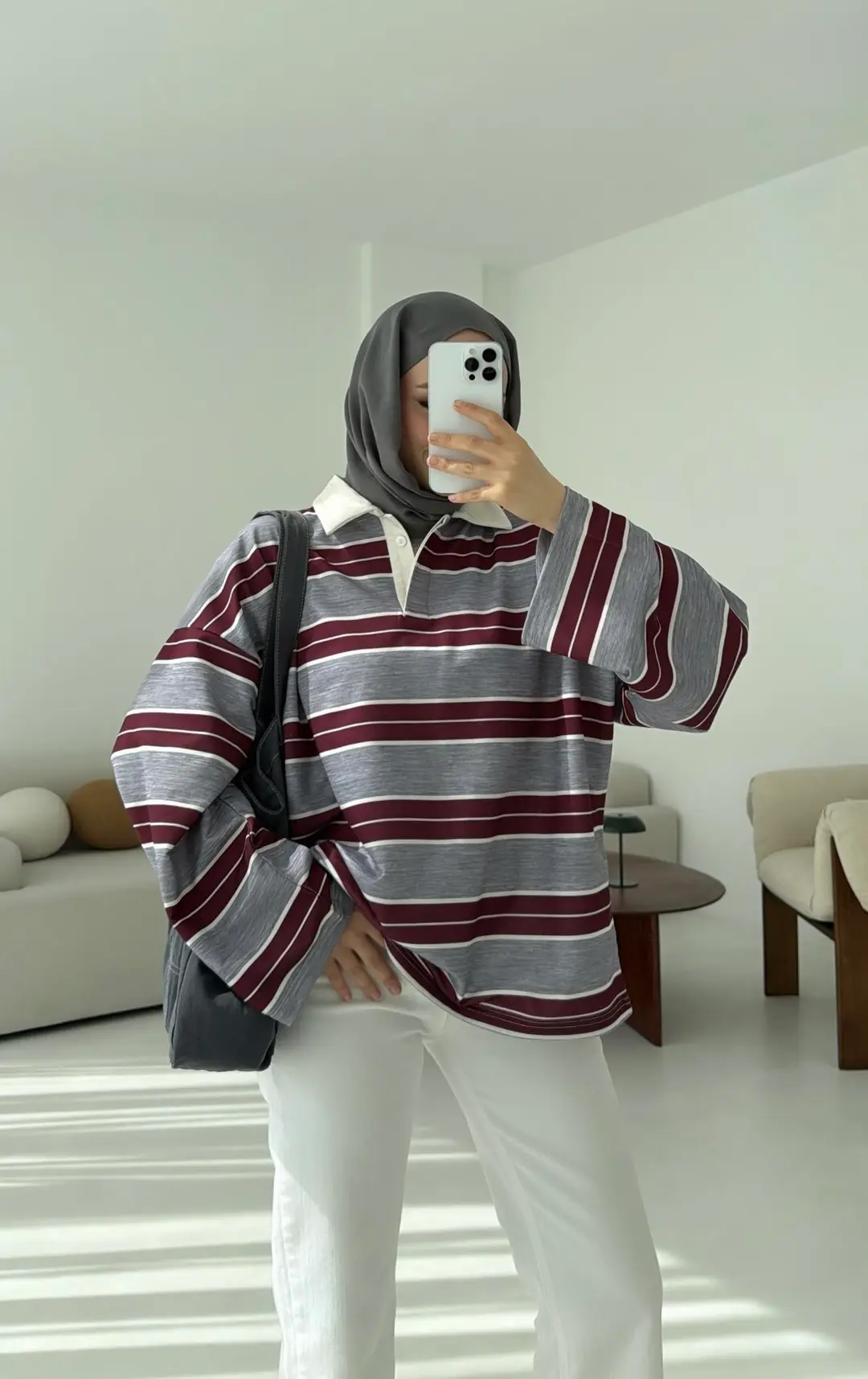 Gri Çizgili Polo Yaka Sweatshrt - Görsel 6