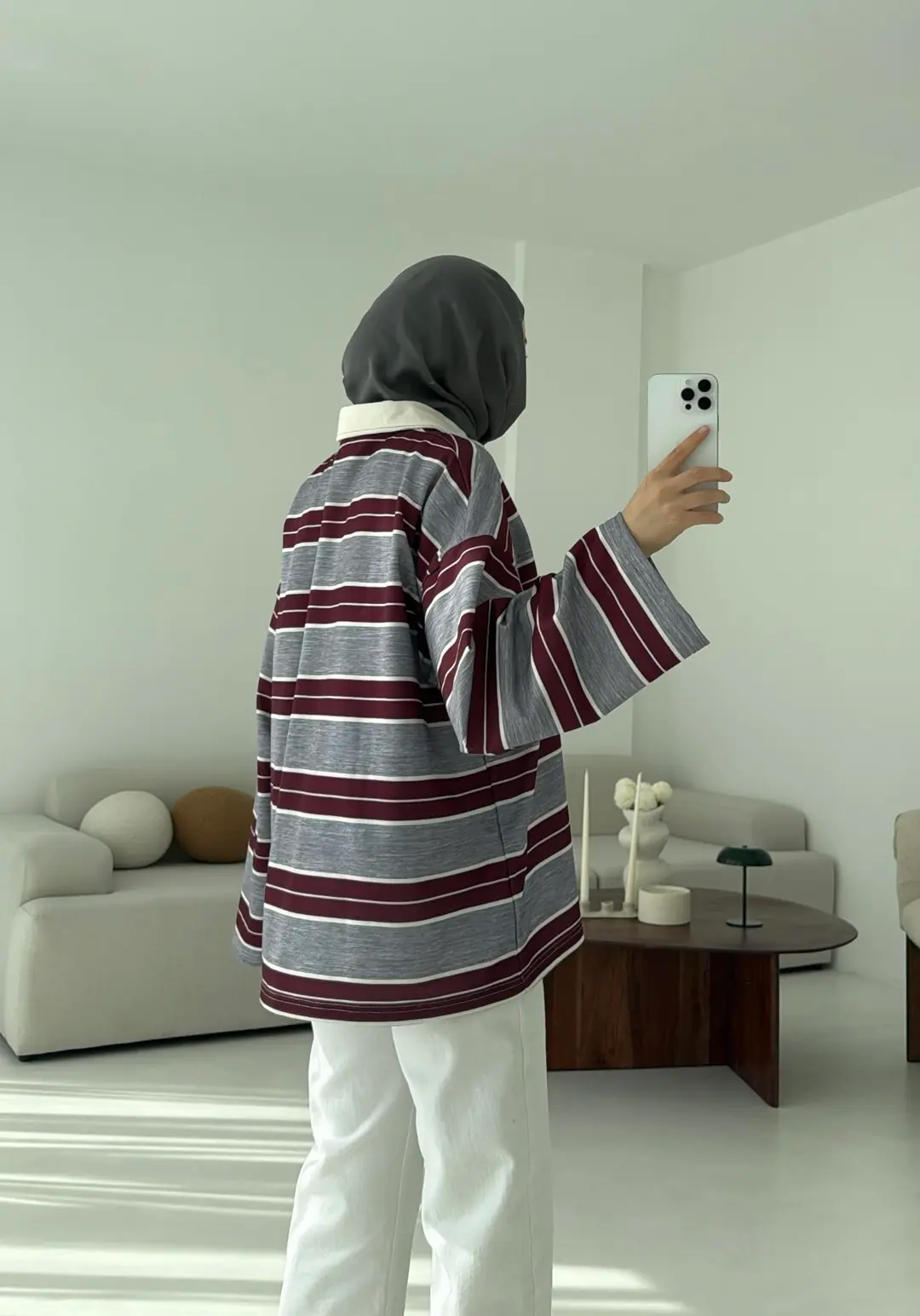 Gri Çizgili Polo Yaka Sweatshrt - Görsel 9