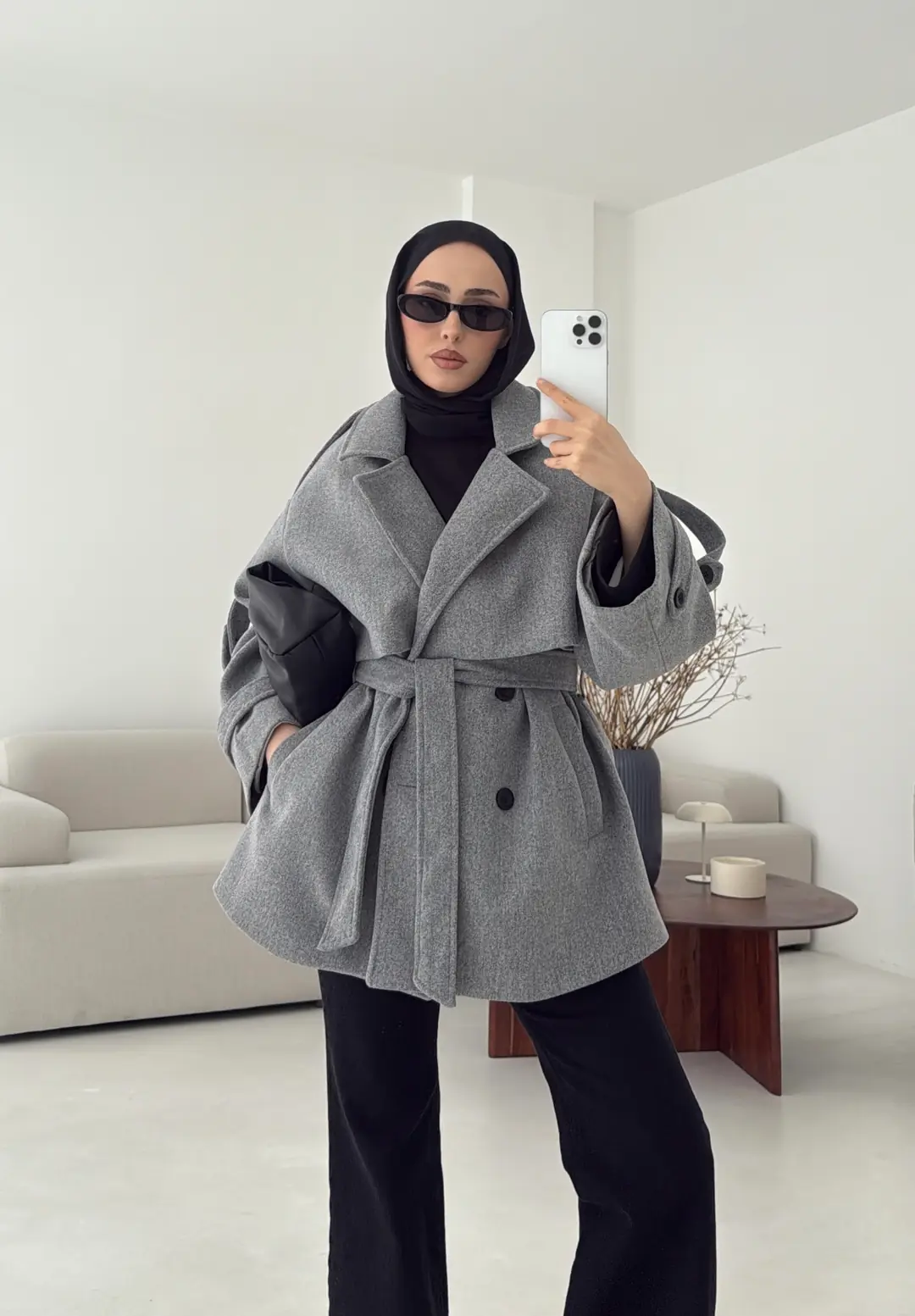 Gri Düğmeli Kol Manşetli Kaşe Kaban - Görsel 5