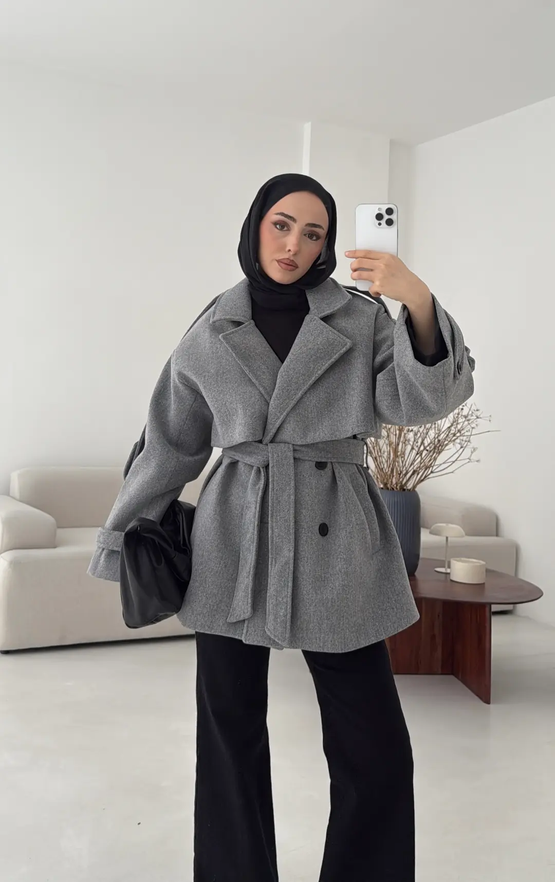 Gri Düğmeli Kol Manşetli Kaşe Kaban - Görsel 7