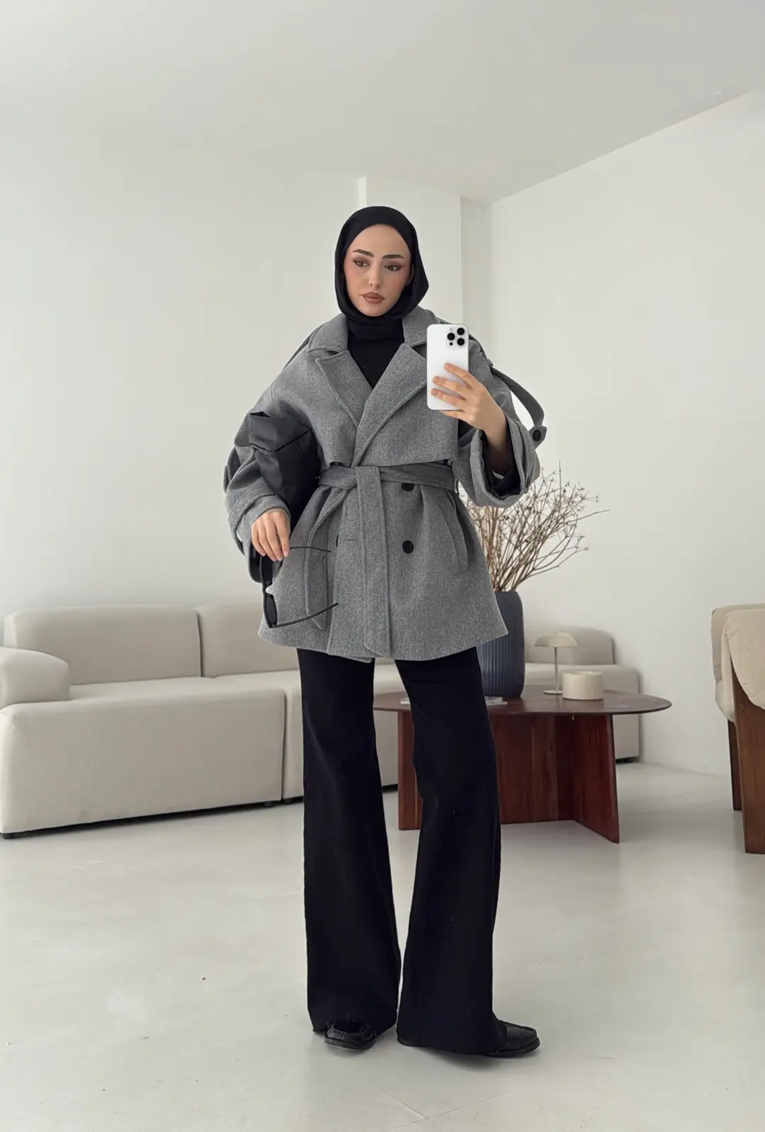 Gri Düğmeli Kol Manşetli Kaşe Kaban - Görsel 8