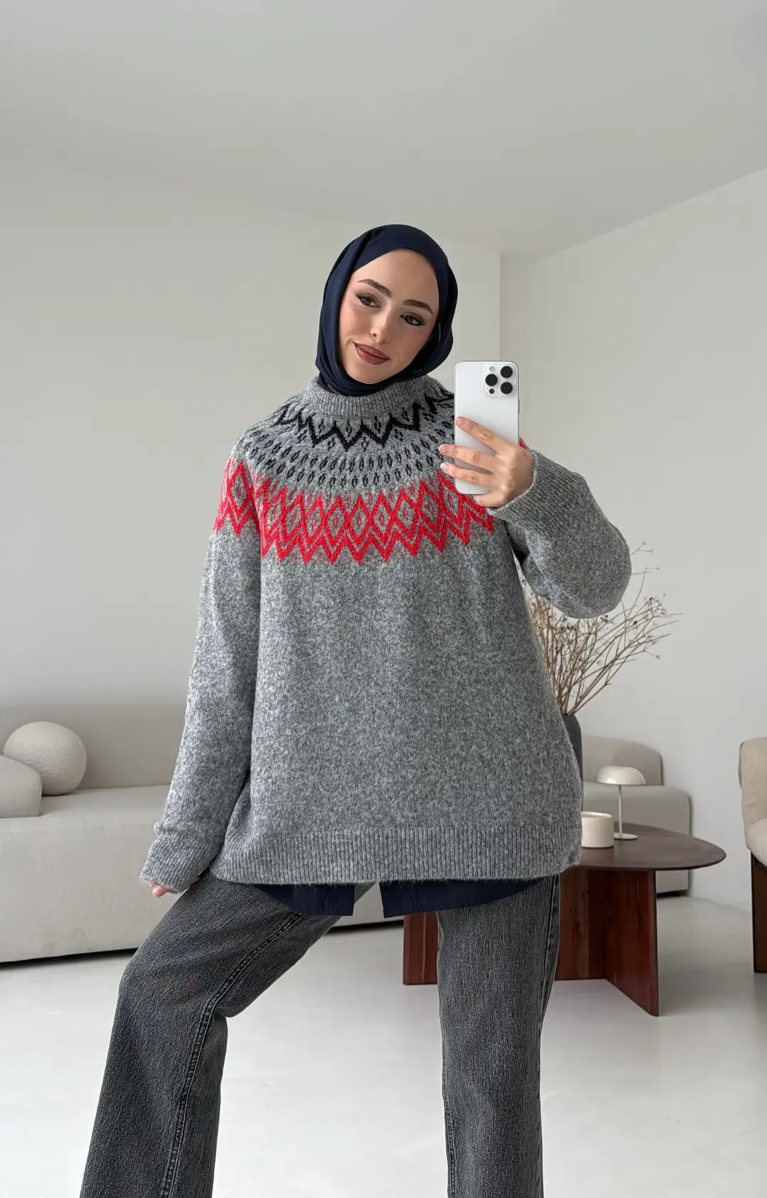 Gri Kırmızı Geçişli Triko Kazak - Görsel 6