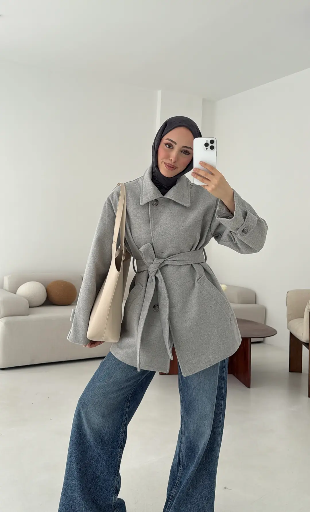 Gri Orta Boy Kaşe Kaban - Görsel 4