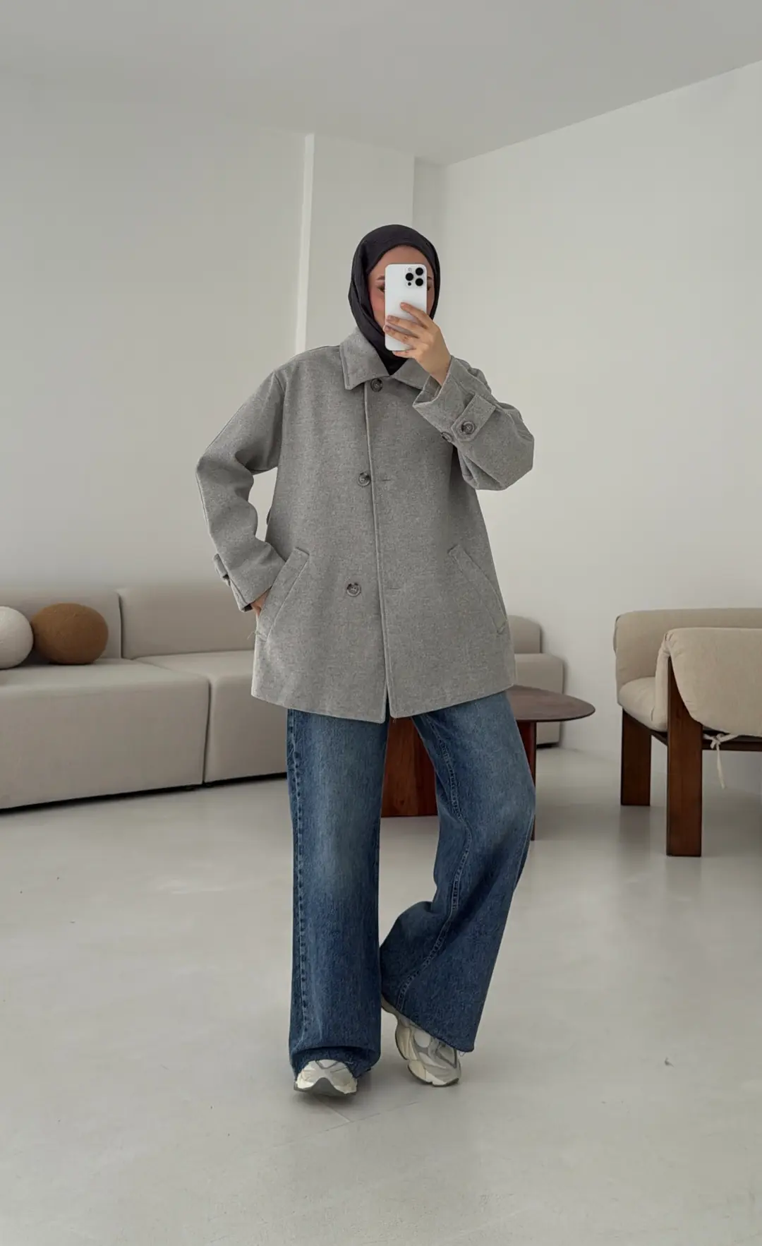 Gri Orta Boy Kaşe Kaban - Görsel 5