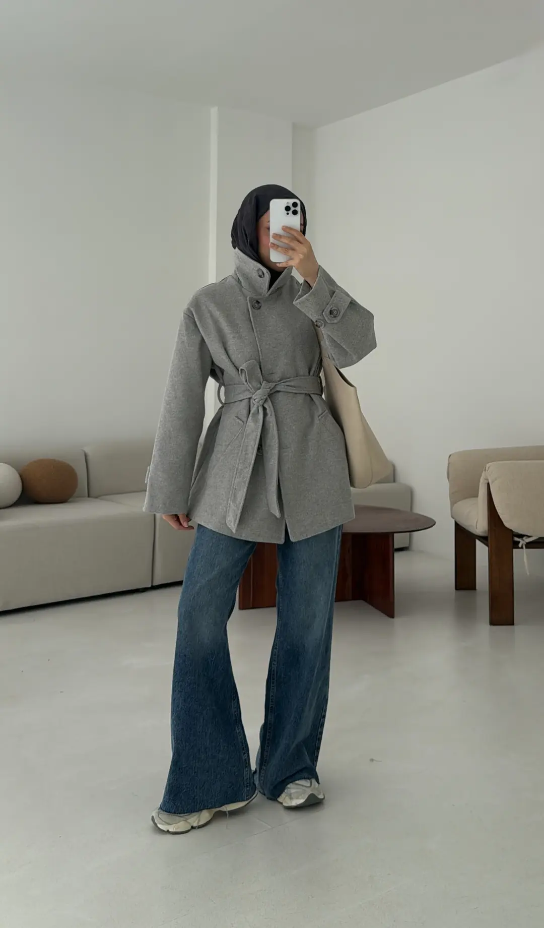 Gri Orta Boy Kaşe Kaban - Görsel 6