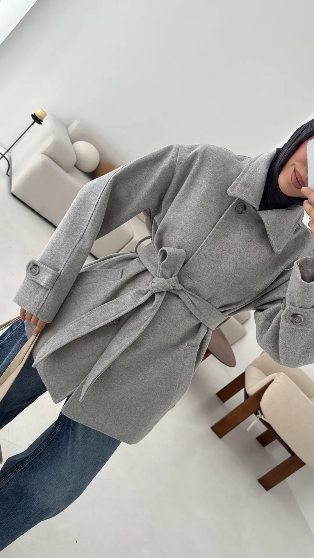 Gri Orta Boy Kaşe Kaban - Görsel 8