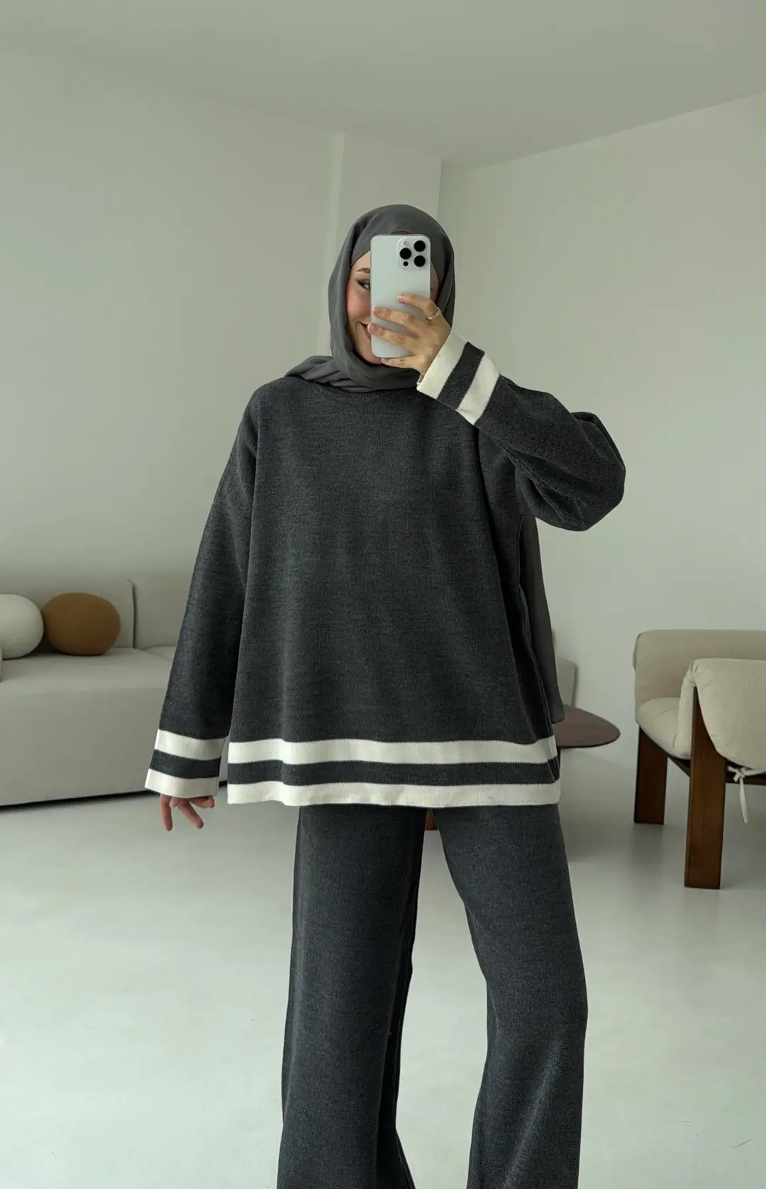 Gri/Ekru Çizgi Triko Takım - Görsel 6