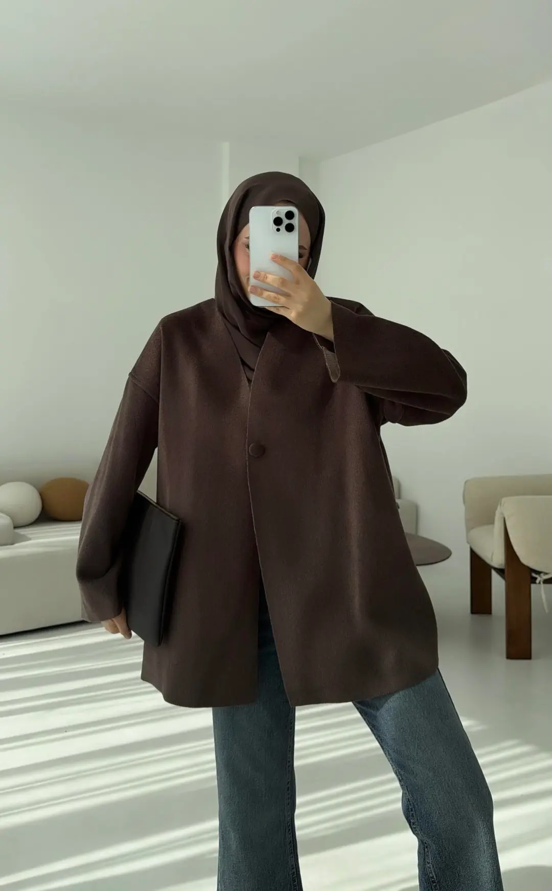 Hafif Tek Dügmeli Kaşe Ceket Kahve - Görsel 3