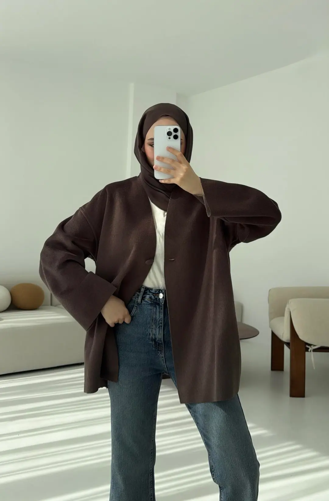 Hafif Tek Dügmeli Kaşe Ceket Kahve - Görsel 4