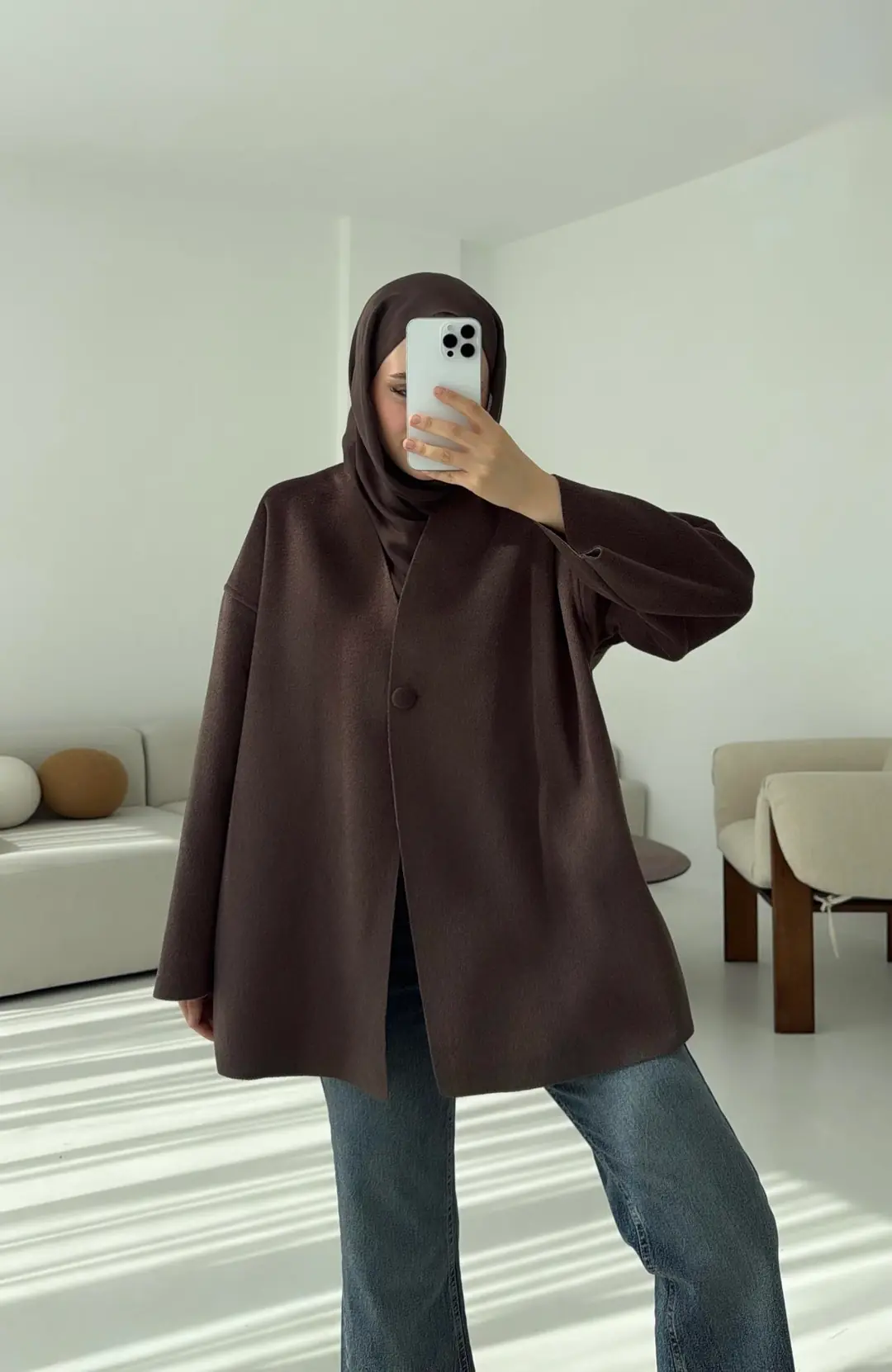 Hafif Tek Dügmeli Kaşe Ceket Kahve - Görsel 8