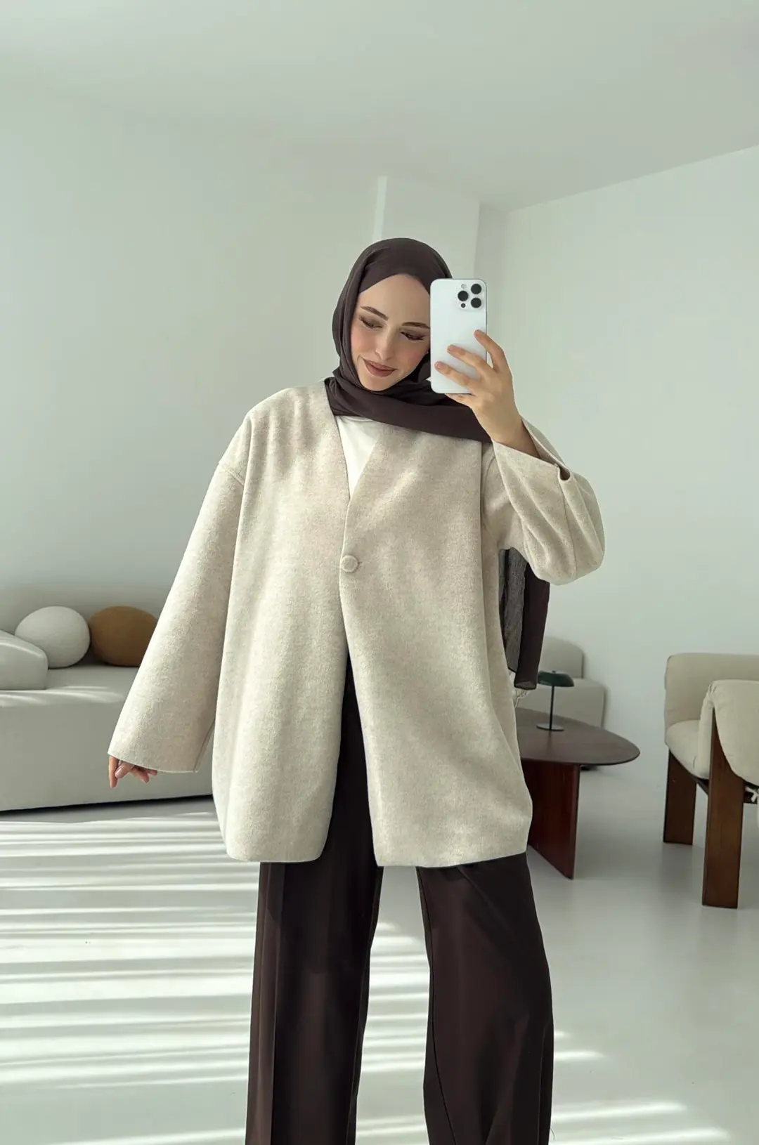 Hafif Tek Dügmeli Kaşe Ceket Bej - Görsel 7