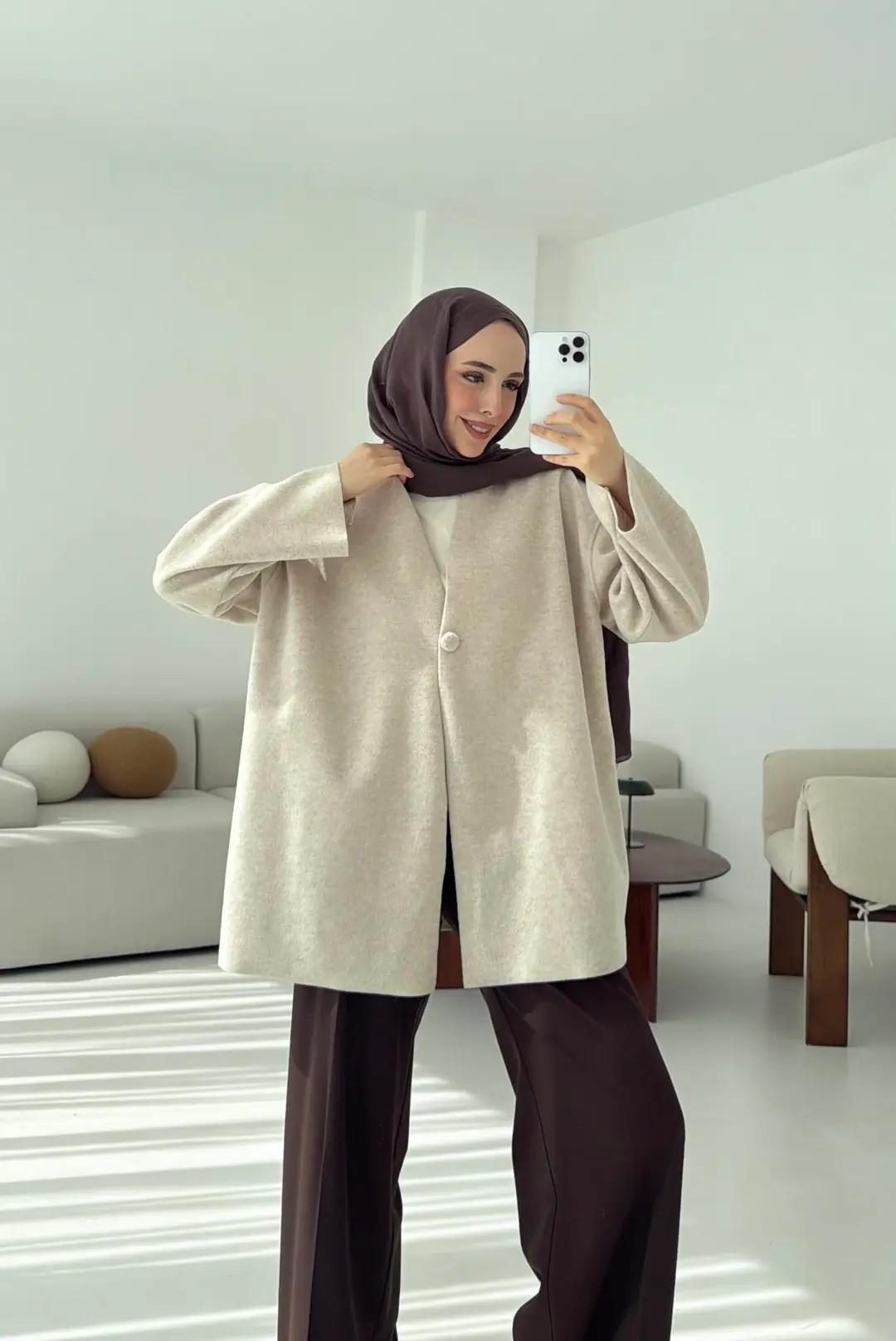 Hafif Tek Dügmeli Kaşe Ceket Bej - Görsel 8