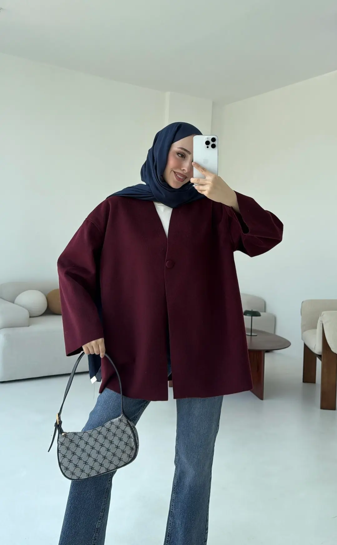 Hafif Tek Dügmeli Kaşe Ceket Bordo - Görsel 5