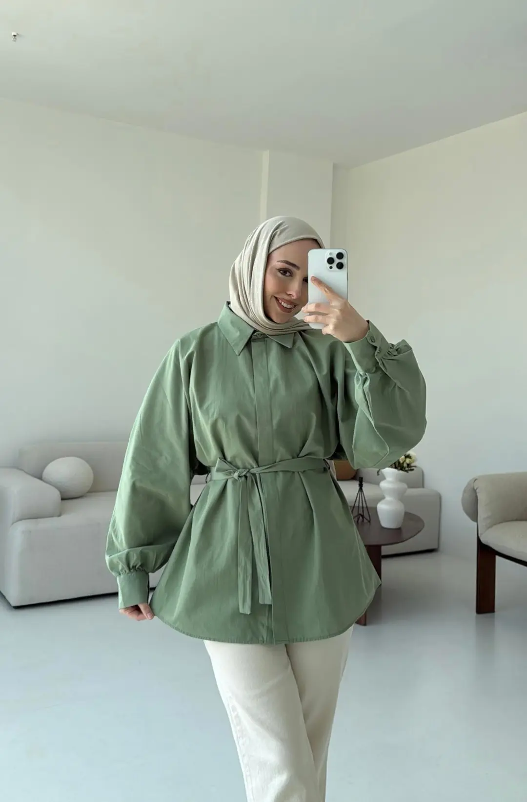 Haki Balon Kol Bağlamalı Gömlek - Görsel 2