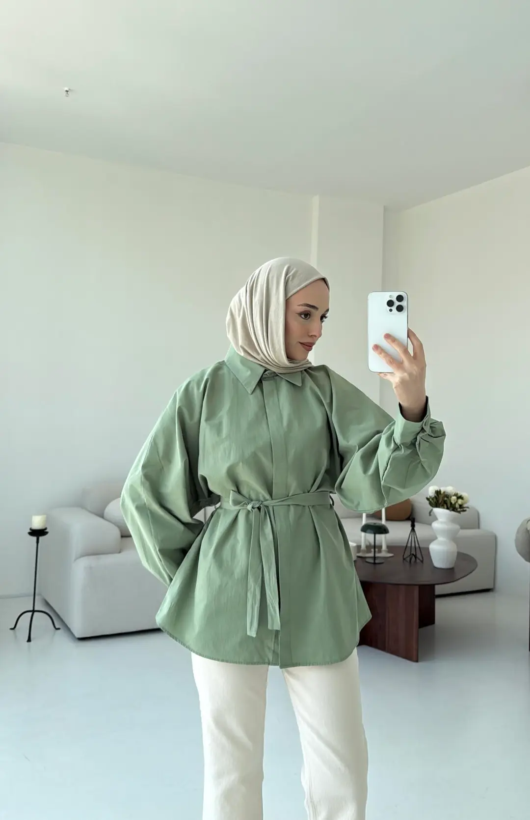 Haki Balon Kol Bağlamalı Gömlek - Görsel 4