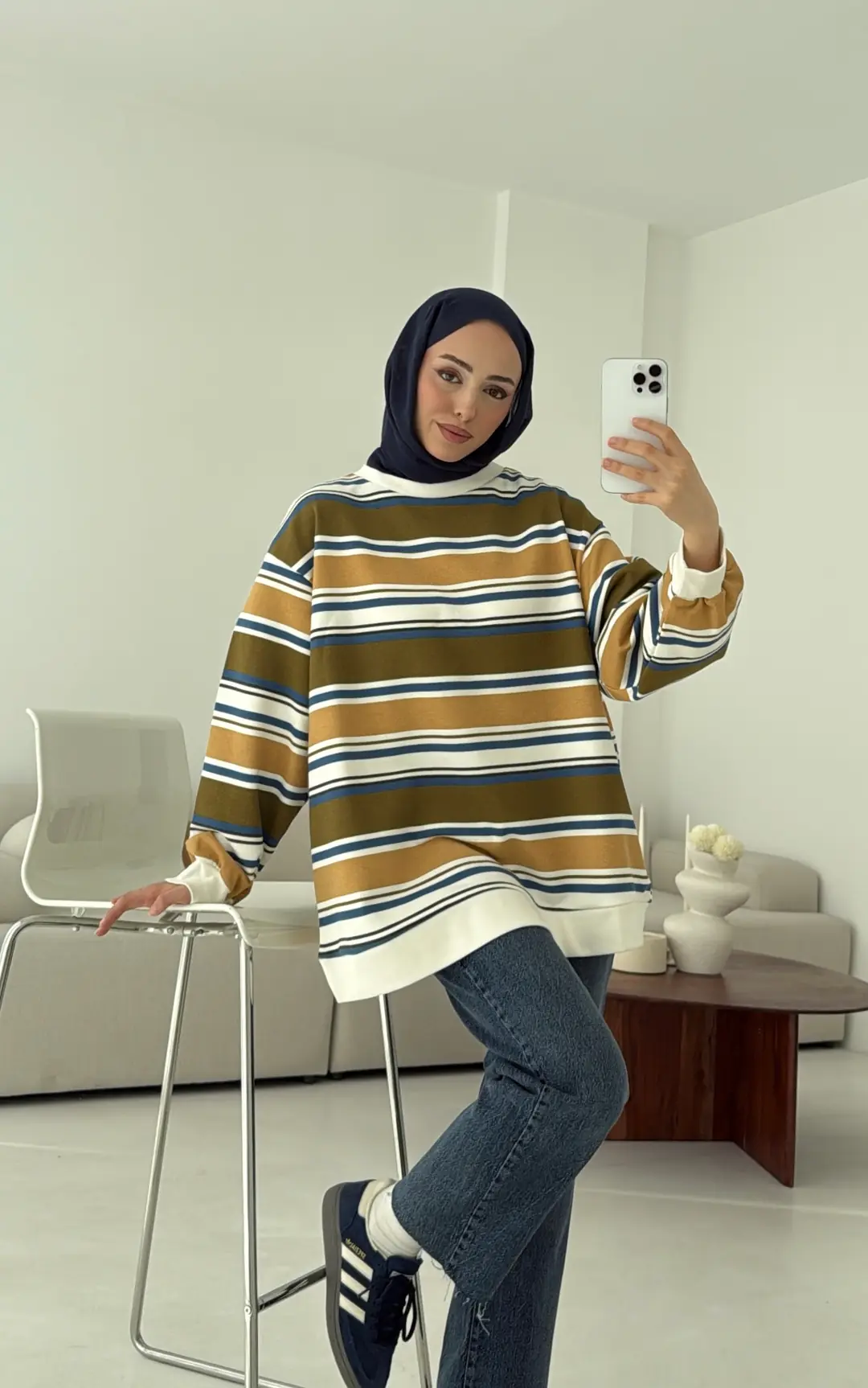 Haki Çizgili Sweatshirt - Görsel 3