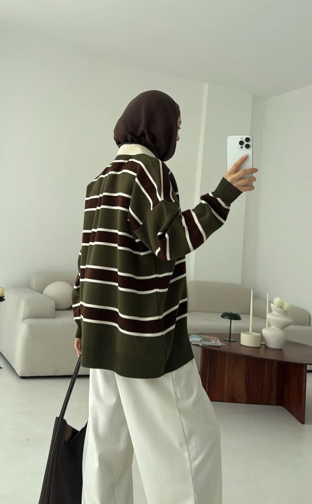 Haki Kahve Çizgili Triko Kazak - Görsel 2