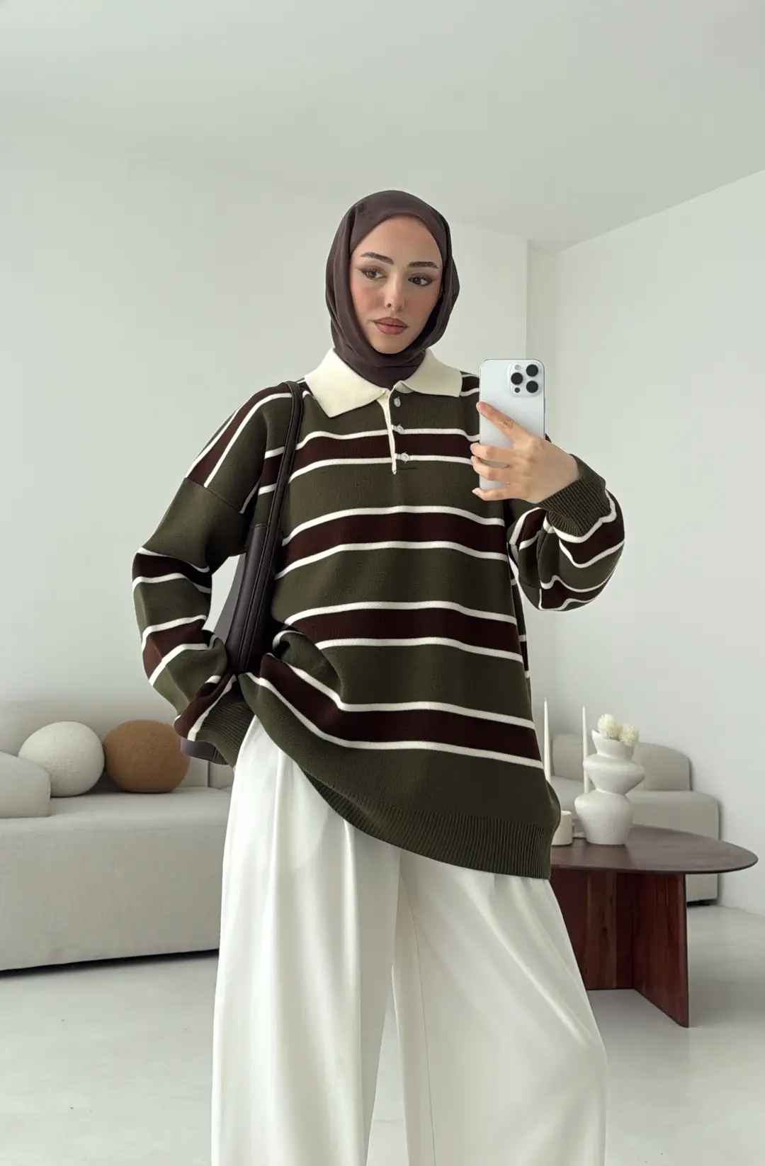 Haki Kahve Çizgili Triko Kazak - Görsel 5