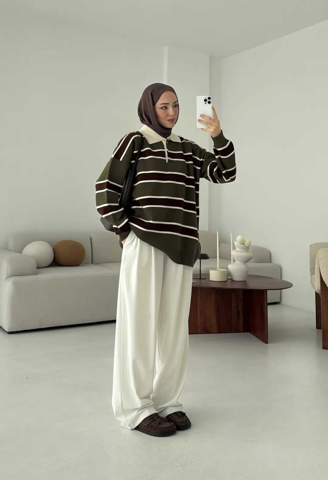 Haki Kahve Çizgili Triko Kazak - Görsel 6