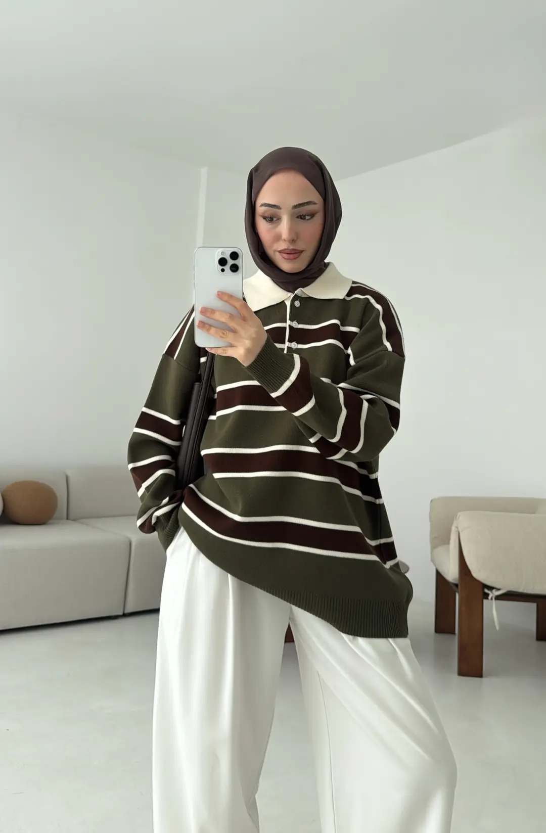 Haki Kahve Çizgili Triko Kazak - Görsel 7