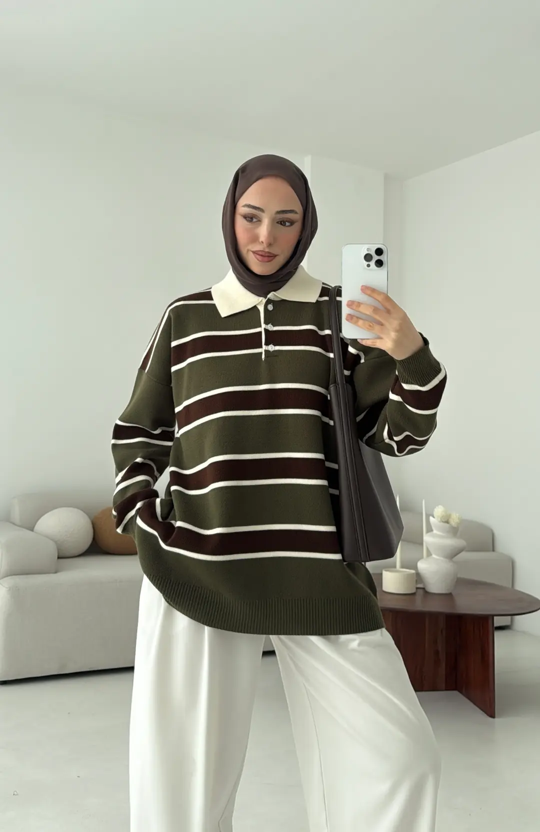 Haki Kahve Çizgili Triko Kazak - Görsel 8