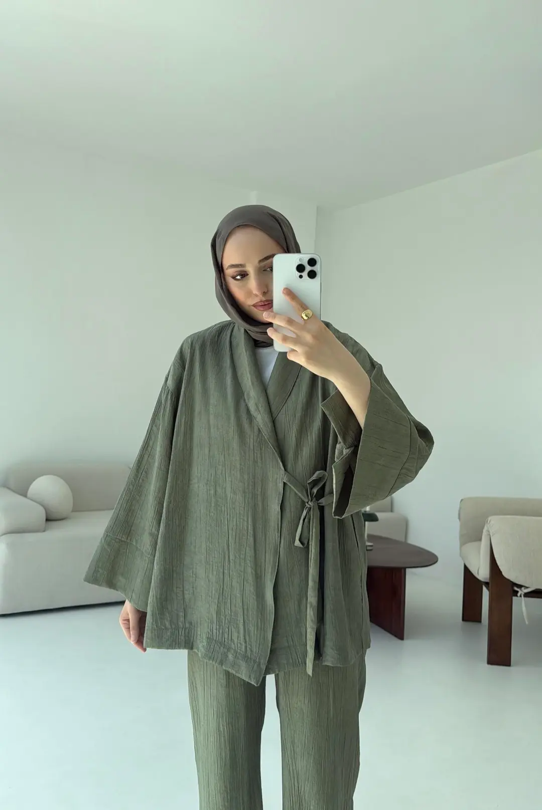 Haki Yandan Baglamalı Kimono Takım - Görsel 3