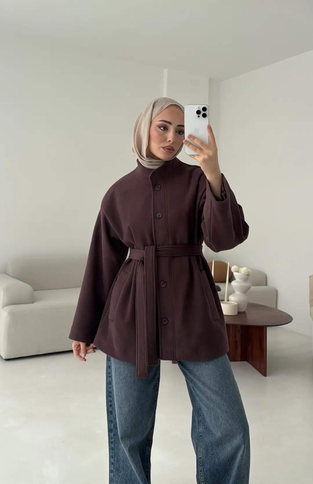 Hakim Yaka Atkılı Ceket/Kaban Mürdüm - Görsel 7