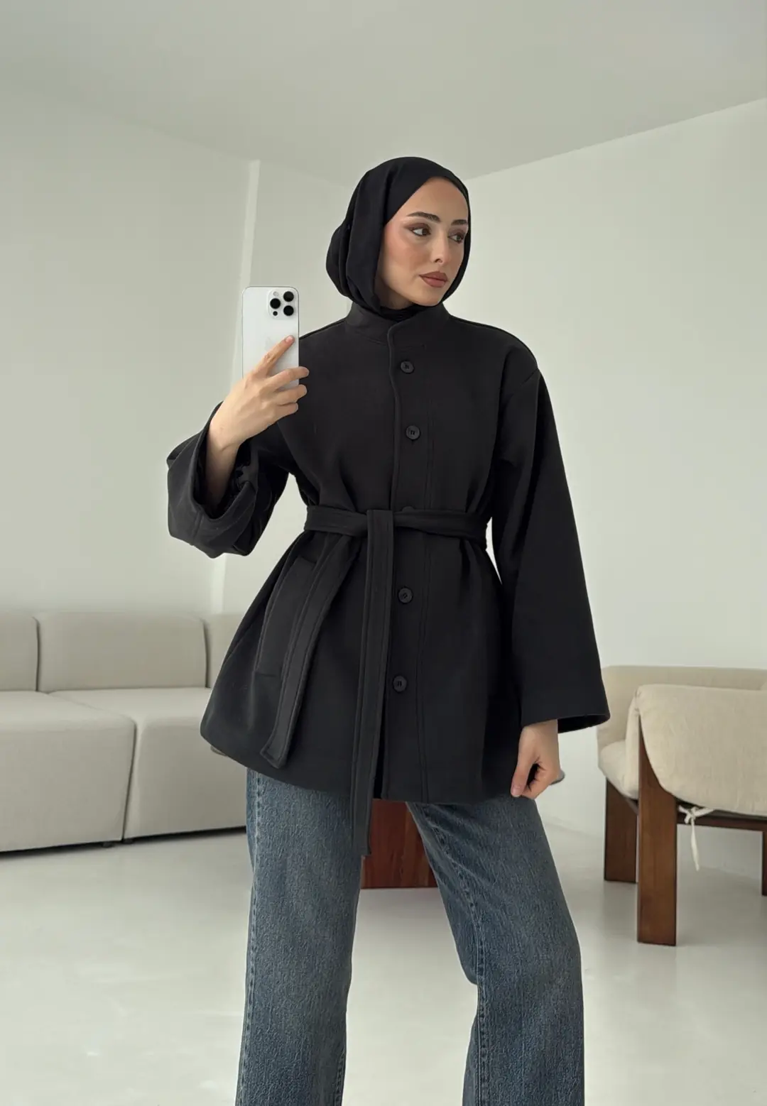 Hakim Yaka Atkılı Ceket/Kaban Koyu Gri - Görsel 9