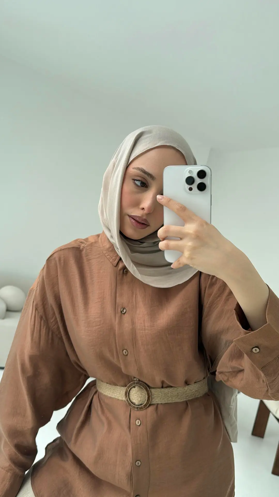 Hasır Kemerli Gömlek Kahve