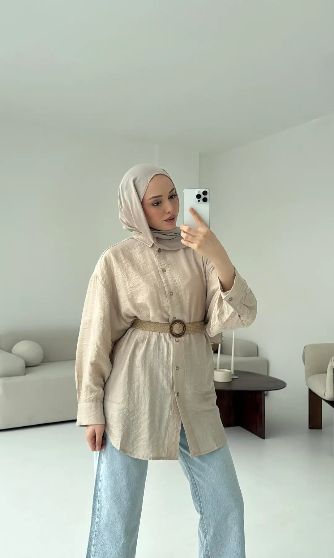 Hasır Kemerli Gömlek Taş - Görsel 3