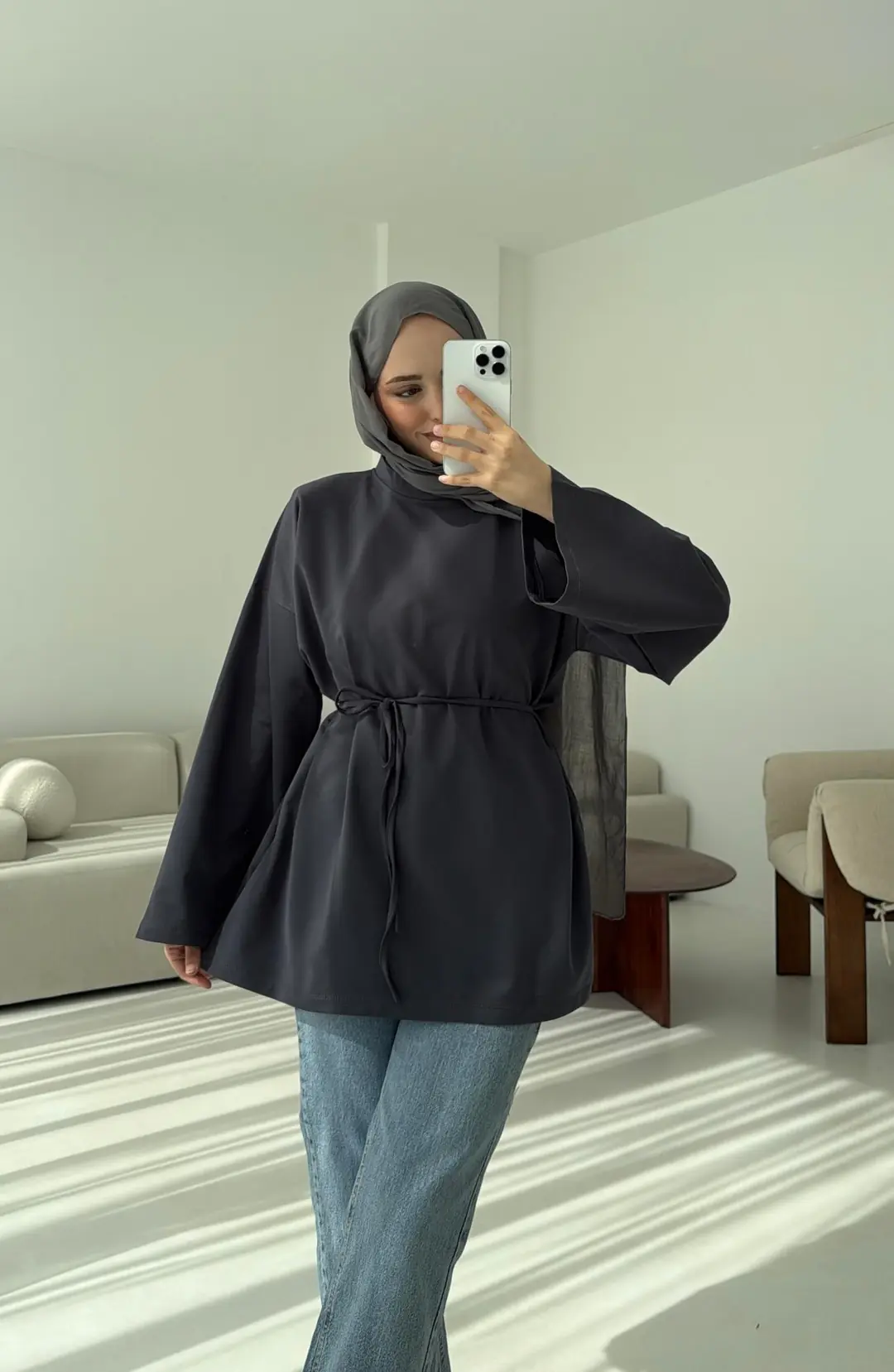 İki iplik Baglamalı Bluz Koyu  Gri - Görsel 2