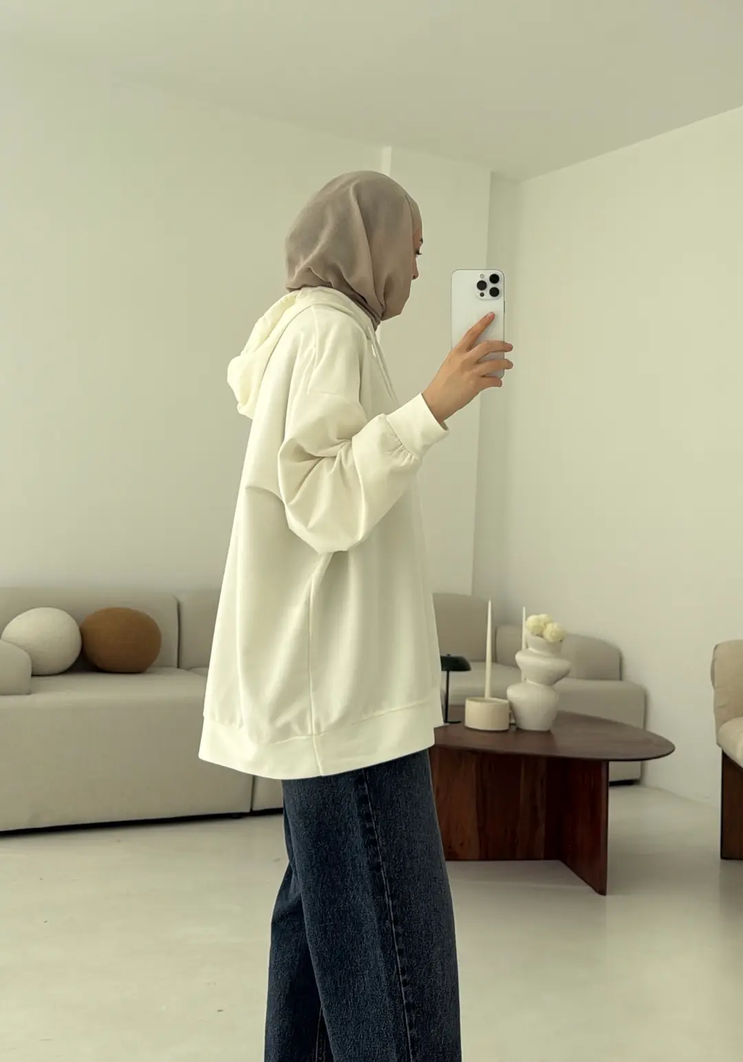 İki İplik Kapşonlu Sweat Beyaz