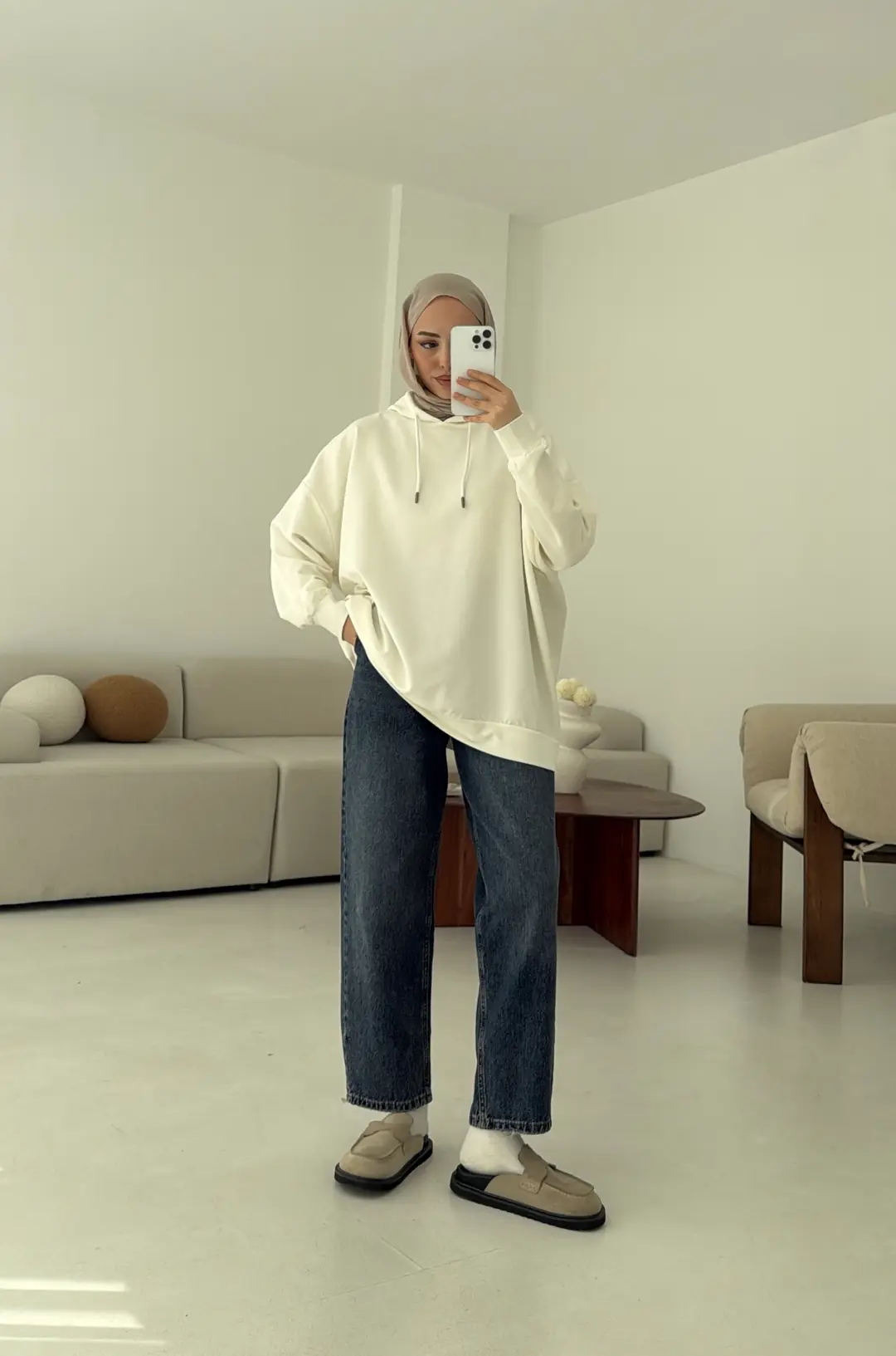 İki İplik Kapşonlu Sweat Beyaz - Görsel 2