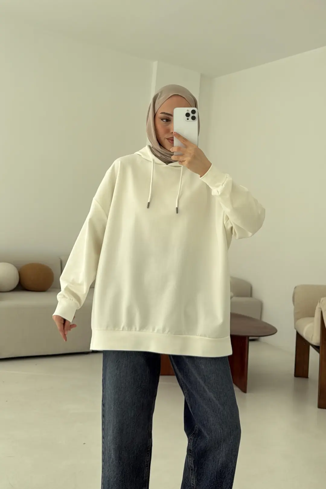 İki İplik Kapşonlu Sweat Beyaz - Görsel 3