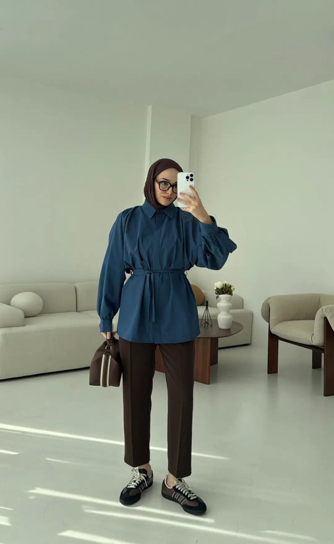 İndigo Balon Kol Bağlamalı Gömlek