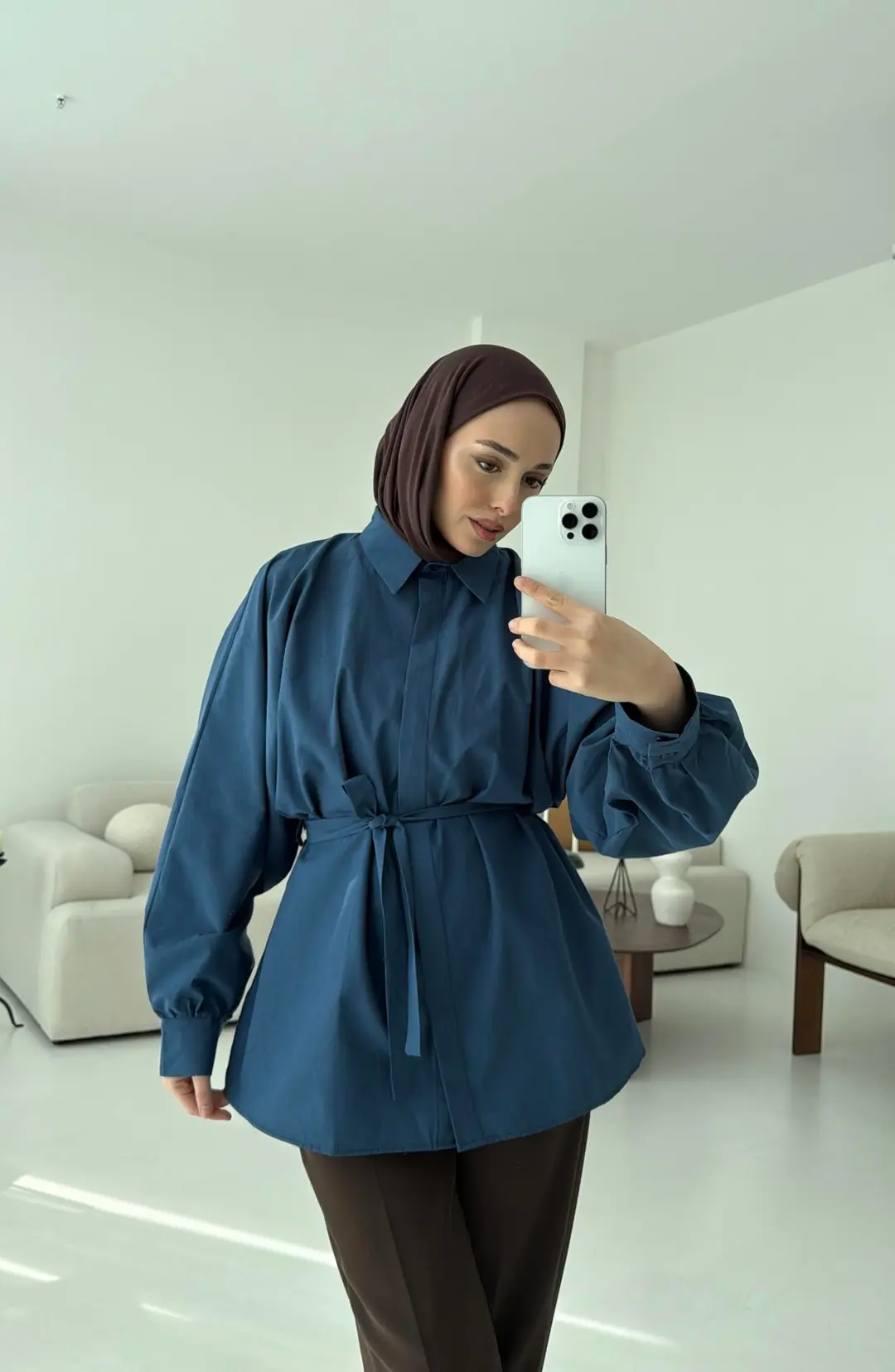 İndigo Balon Kol Bağlamalı Gömlek - Görsel 3