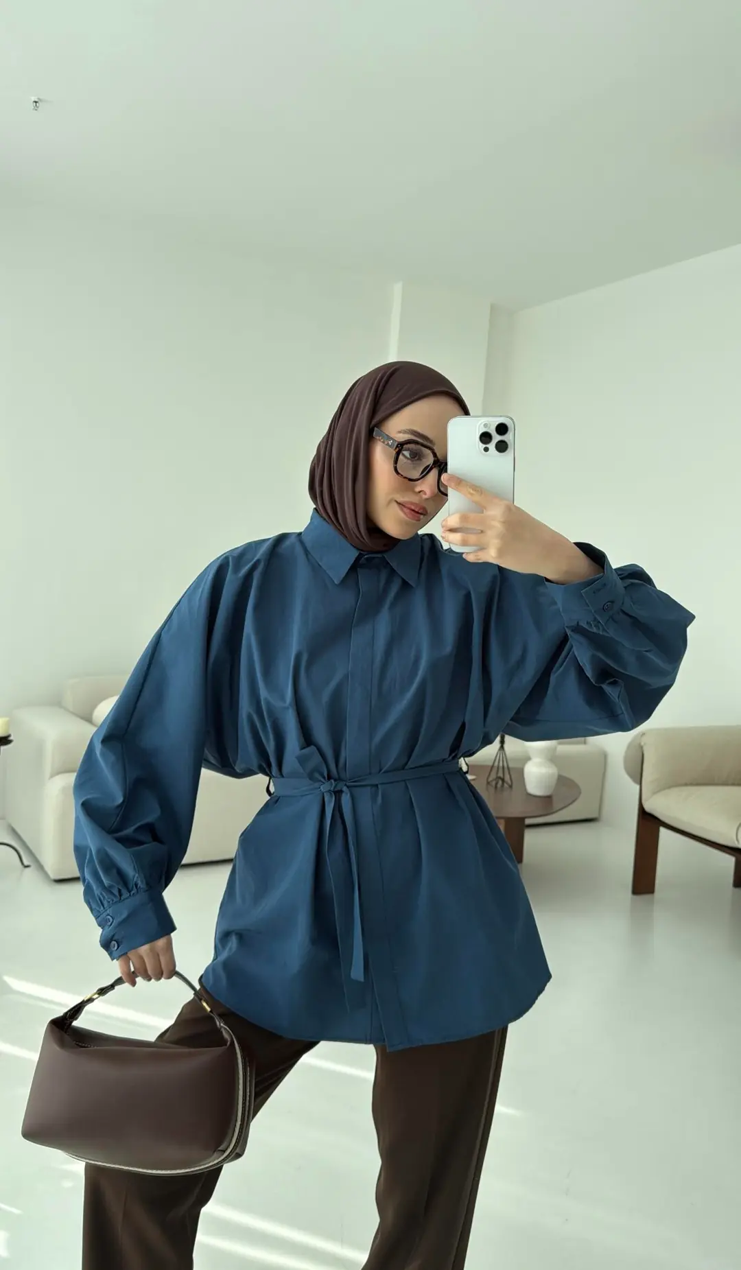 İndigo Balon Kol Bağlamalı Gömlek - Görsel 6